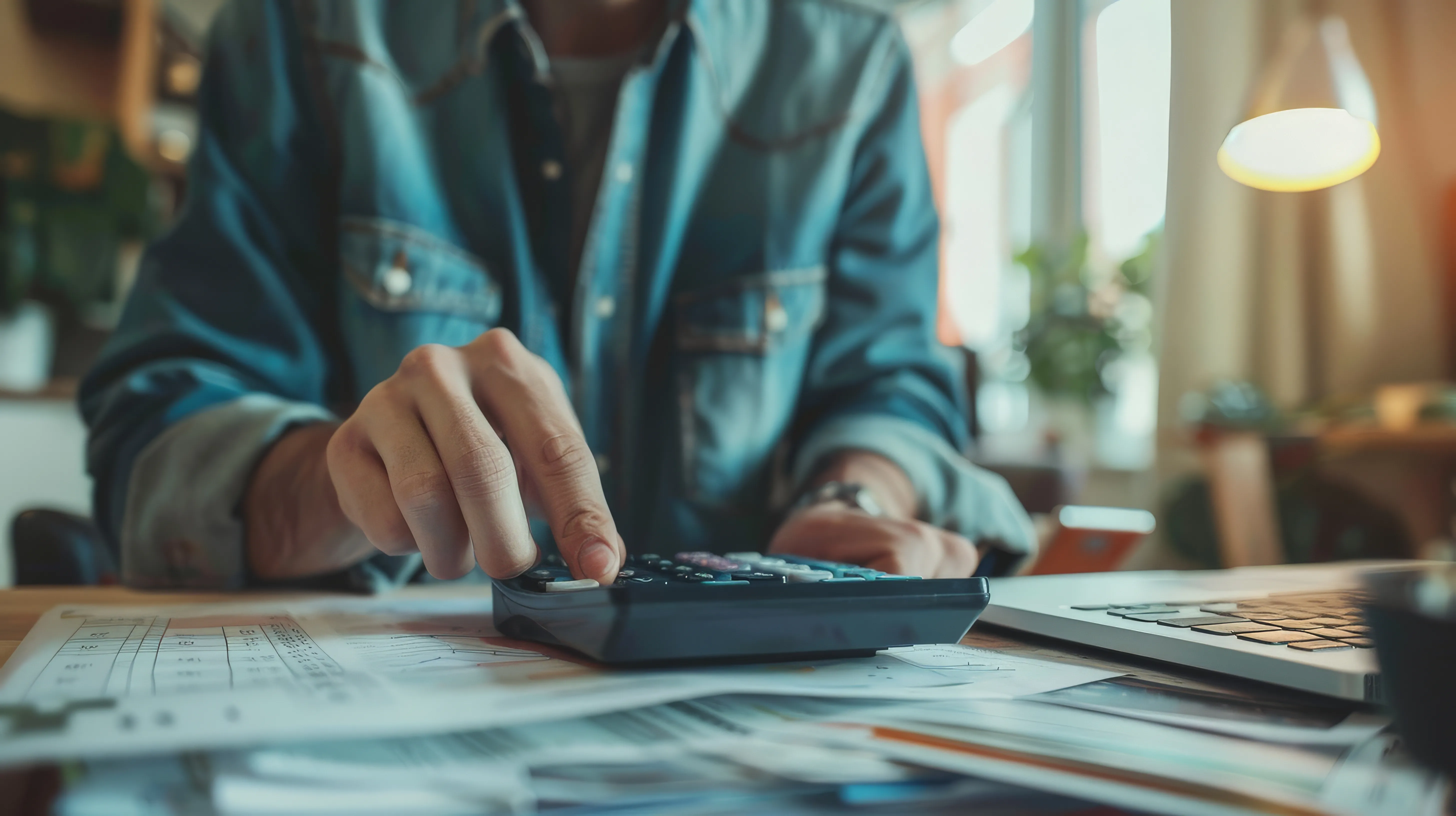 Working out equipment finance figures with a calculator and paperwork