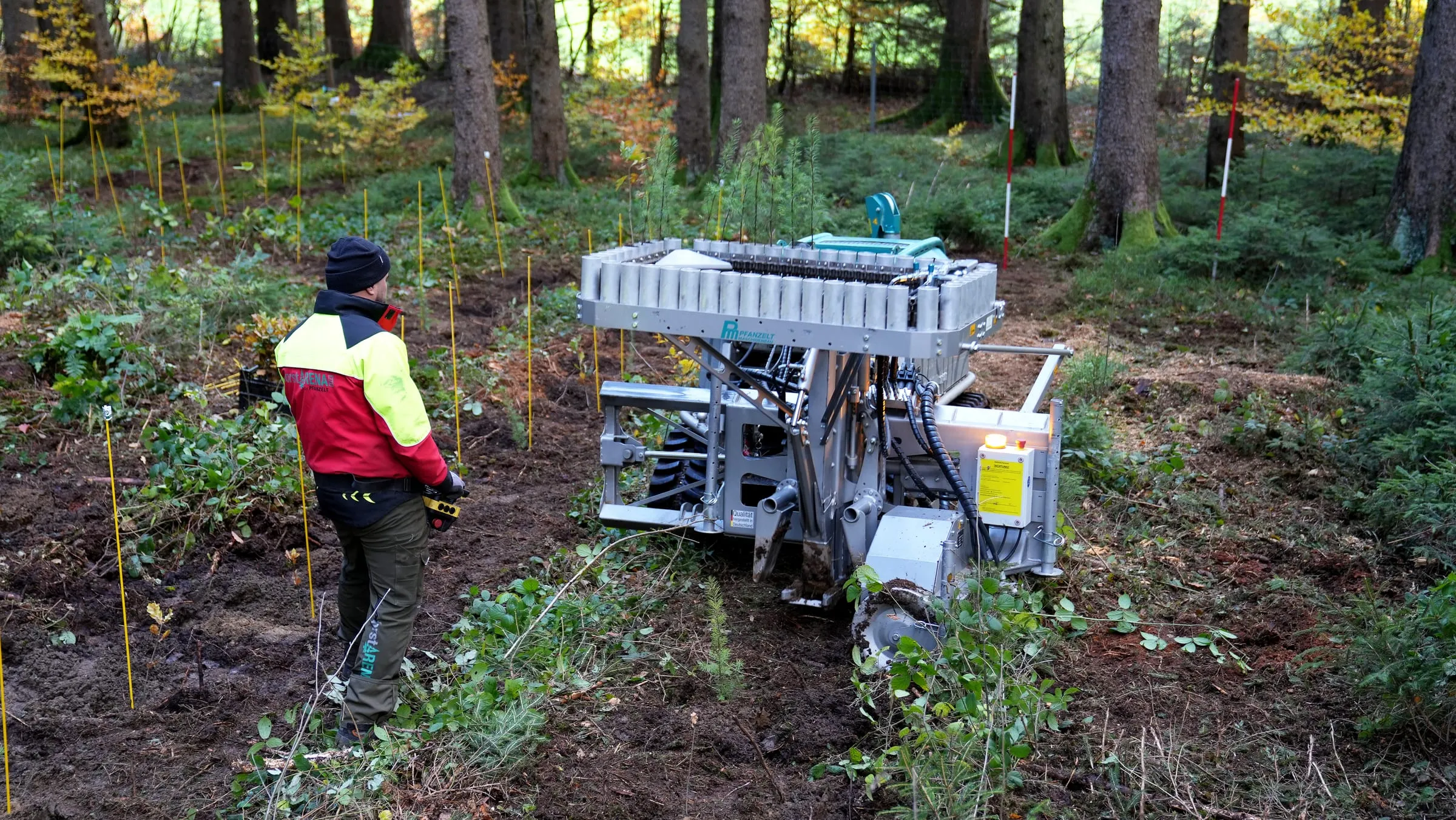 Pfanzelt Moritz with the Plantomat planting machine in a forest clearing