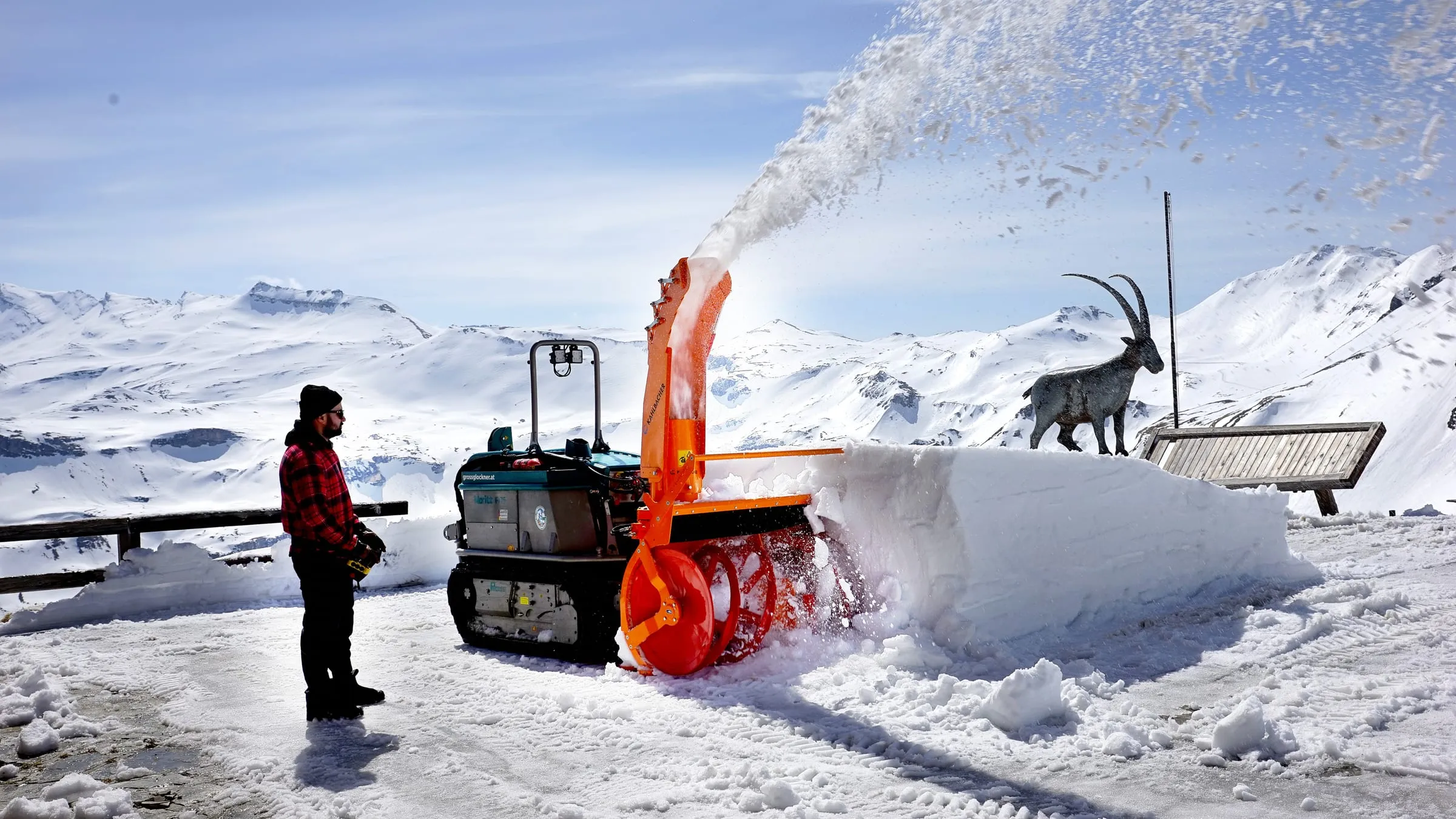Pfanzelt Moritz clearing snow with a snow blower on the Grossglockner road