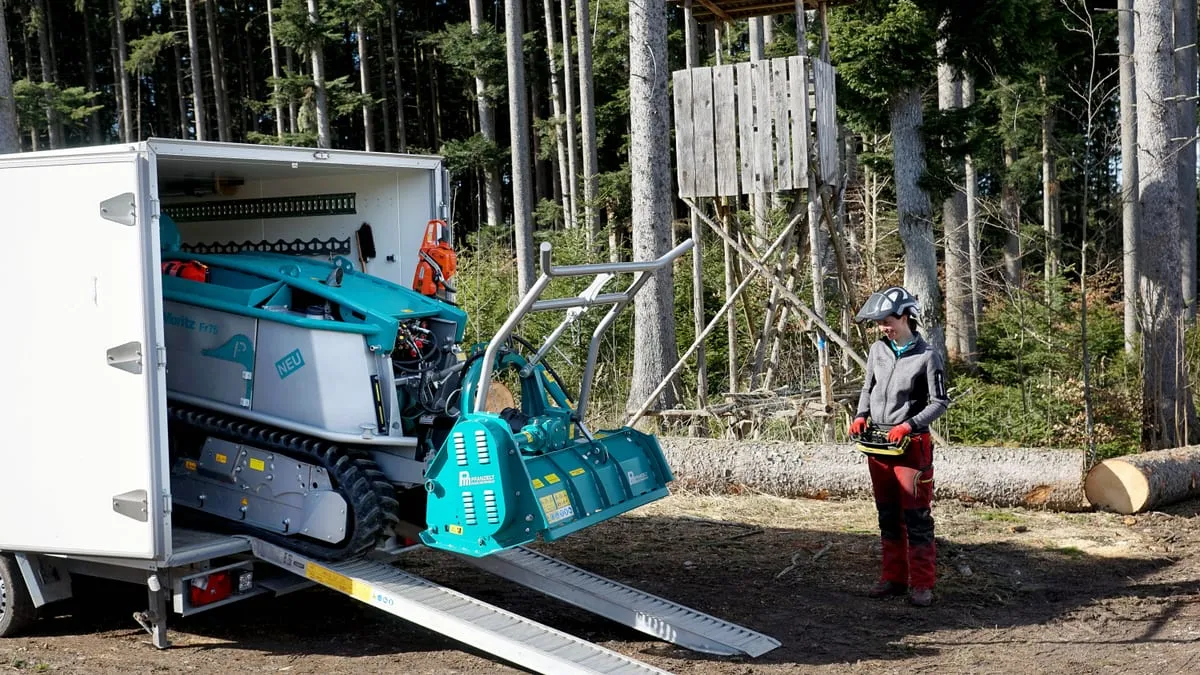 Pfanzelt Moritz driving off a van with a mulcher fitted